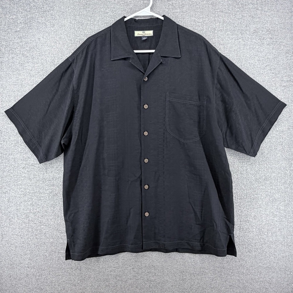 Tommy Bahama Shirt Men Size Large Black 100% Silk Short Sleeve Casual Relax